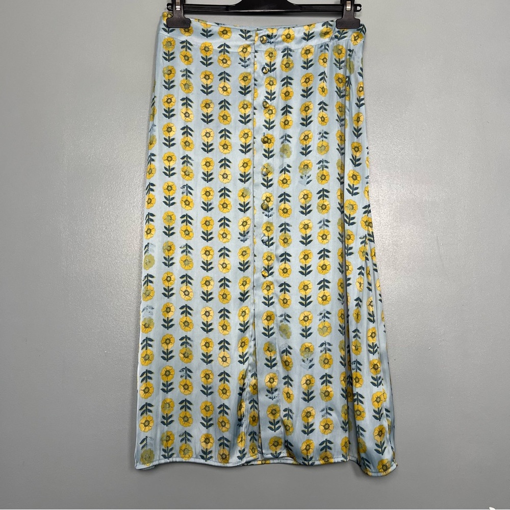 Free People Analise Printed Silky Floral Midi Skirt Button Blue Yellow Womens 8